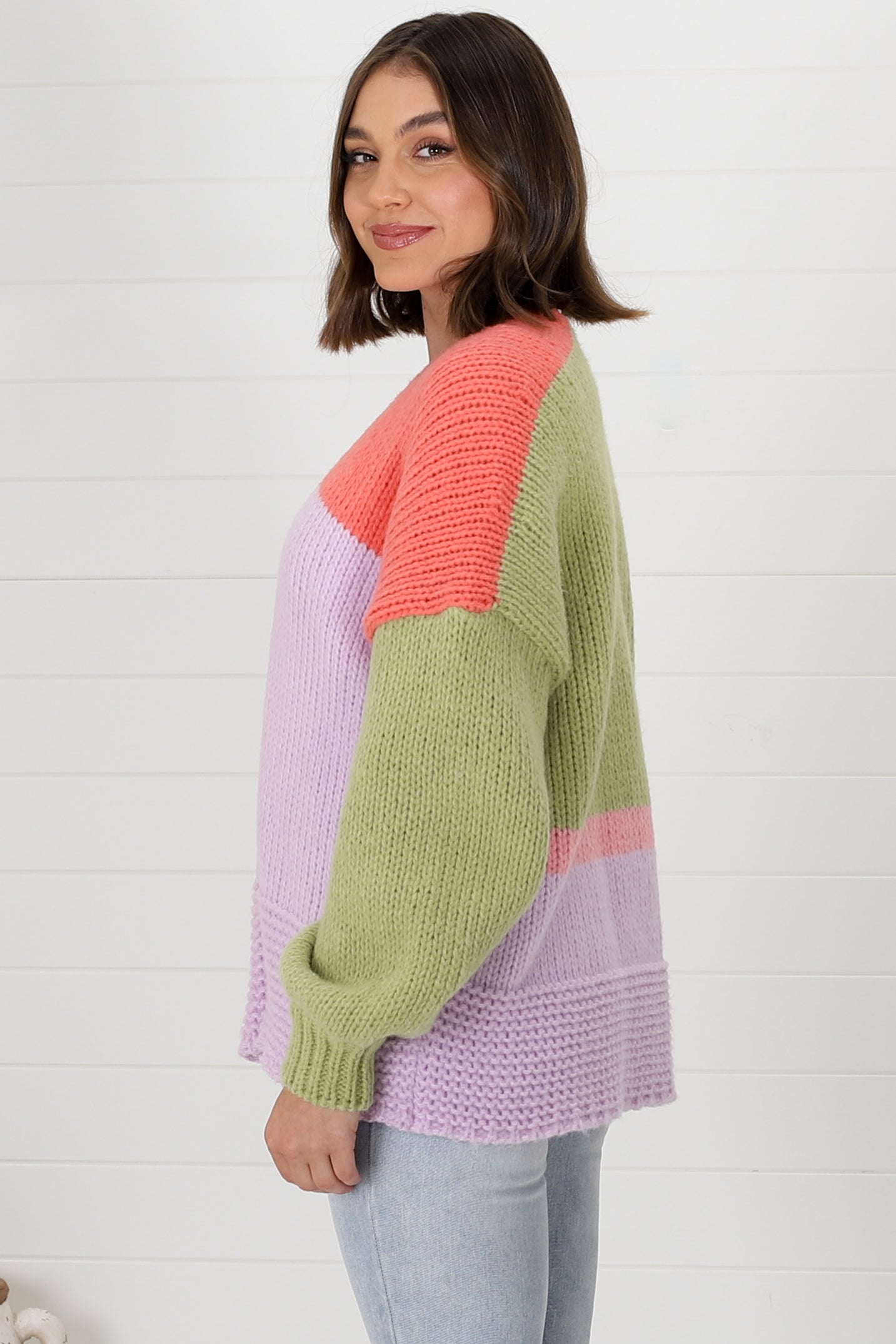 Hillary Cardigan - Cropped Colour Block Cardigan in Lilac