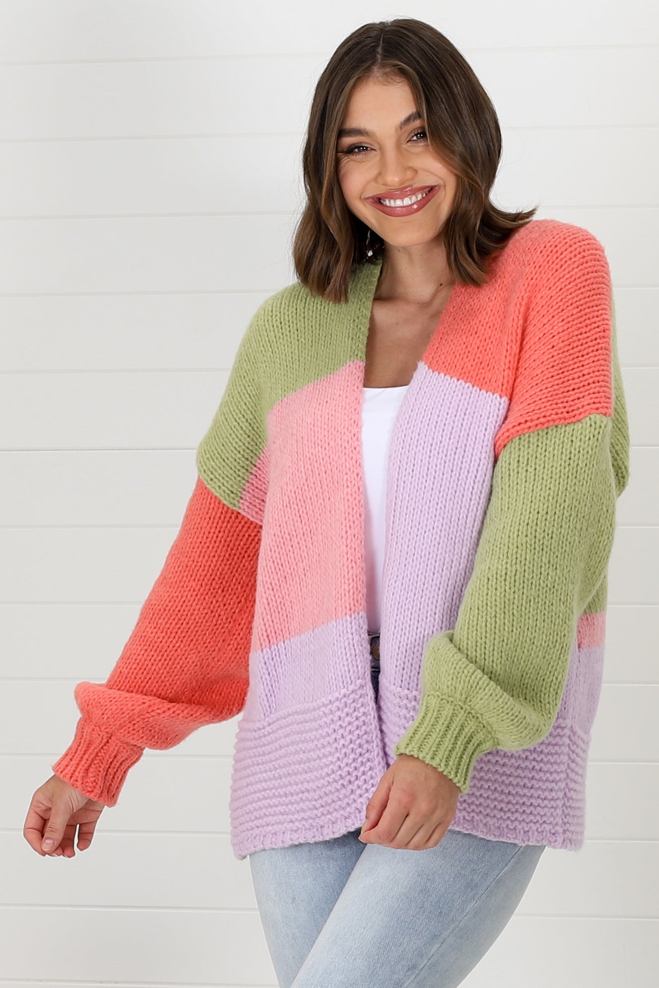 Hillary Cardigan - Cropped Colour Block Cardigan in Lilac