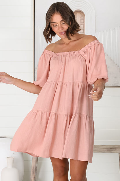 Harlow Mini Dress - On or Off Shoulder Balloon Sleeve Tiered Dress in Blush
