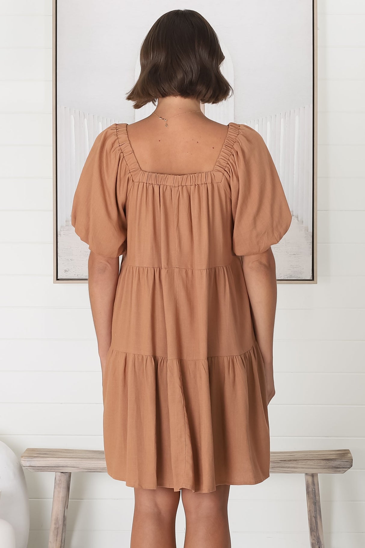 Harlow Mini Dress - On or Off Shoulder Balloon Sleeve Tiered Dress in Tan