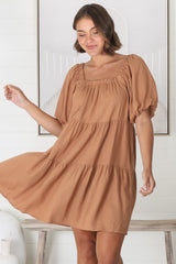 Harlow Mini Dress - On or Off Shoulder Balloon Sleeve Tiered Dress in Tan