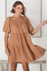 Harlow Mini Dress - On or Off Shoulder Balloon Sleeve Tiered Dress in Tan