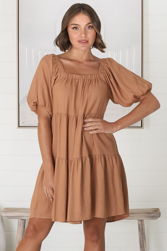 Harlow Mini Dress - On or Off Shoulder Balloon Sleeve Tiered Dress in Tan