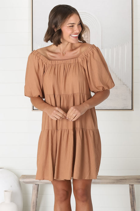 Harlow Mini Dress - On or Off Shoulder Balloon Sleeve Tiered Dress in Tan