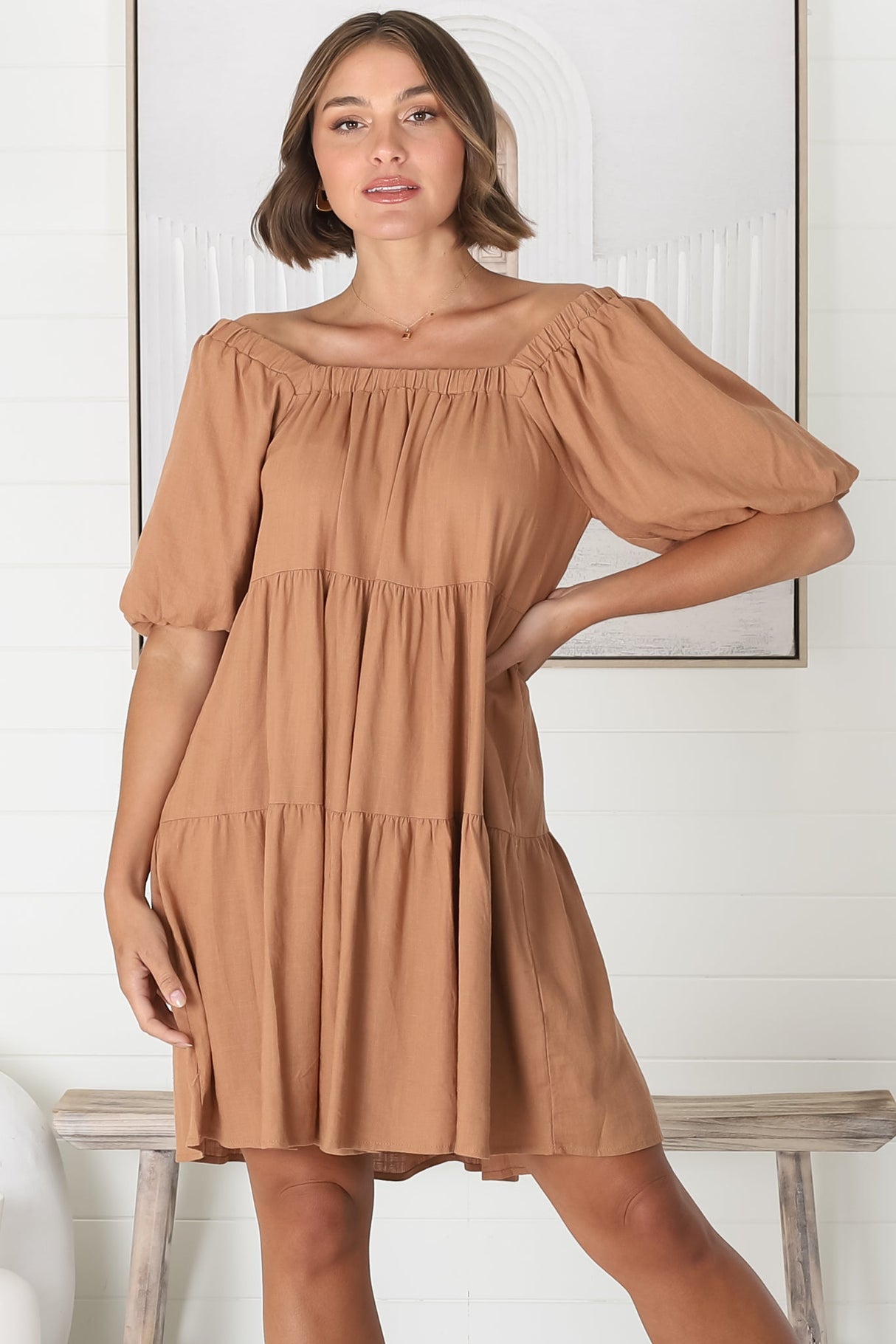 Harlow Mini Dress - On or Off Shoulder Balloon Sleeve Tiered Dress in Tan