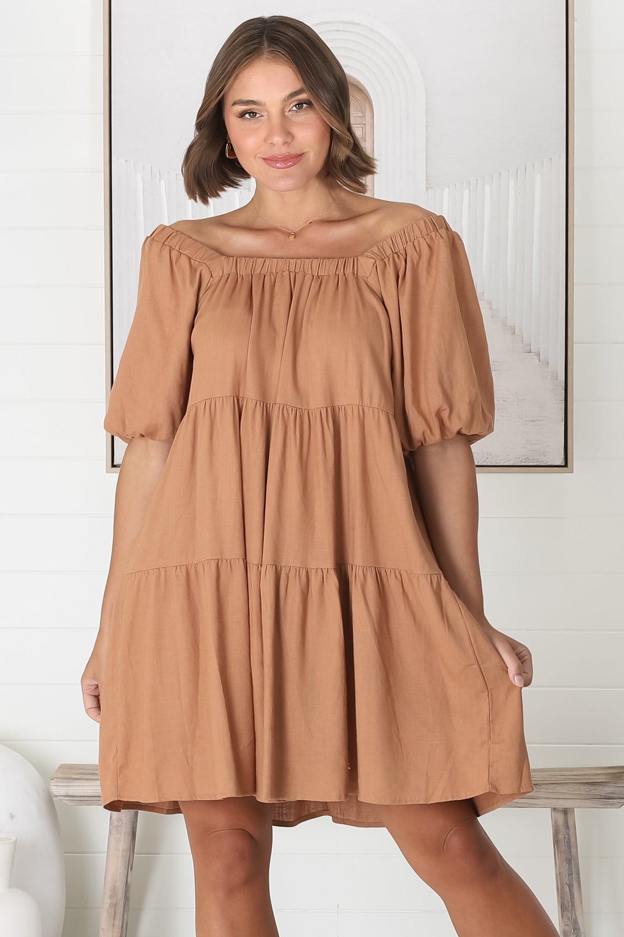 Harlow Mini Dress - On or Off Shoulder Balloon Sleeve Tiered Dress in Tan