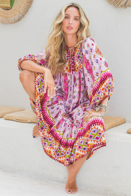 JAASE - Haper Midi Dress: Smock Dress with Batwing Balloon Sleeves in Lost Tribe Print
