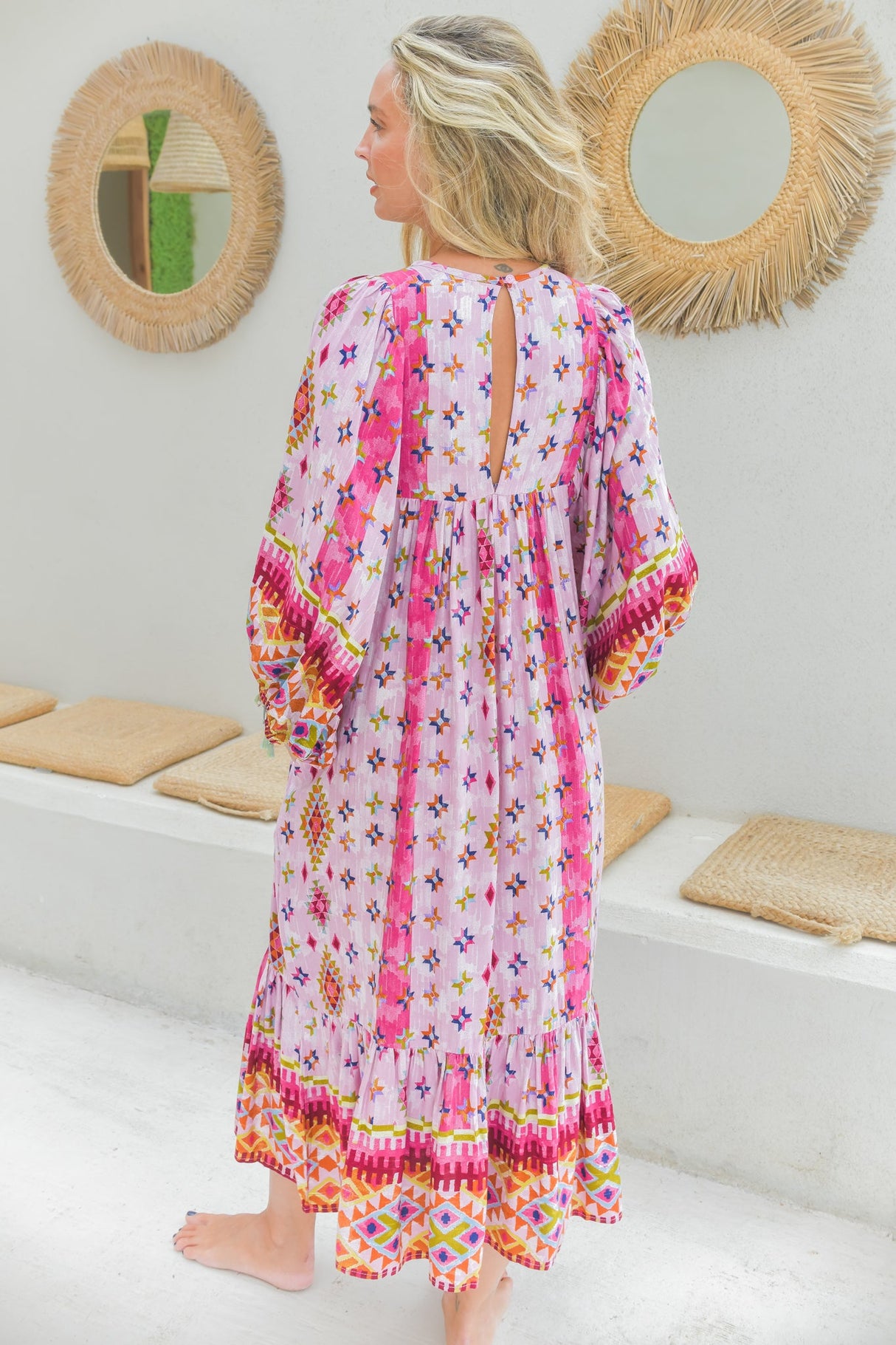 JAASE - Haper Midi Dress: Smock Dress with Batwing Balloon Sleeves in Lost Tribe Print
