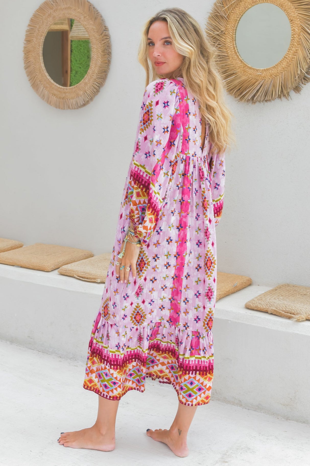 JAASE - Haper Midi Dress: Smock Dress with Batwing Balloon Sleeves in Lost Tribe Print