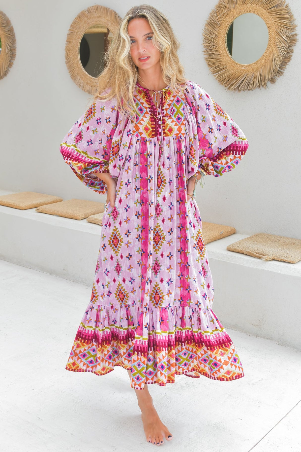 JAASE - Haper Midi Dress: Smock Dress with Batwing Balloon Sleeves in Lost Tribe Print