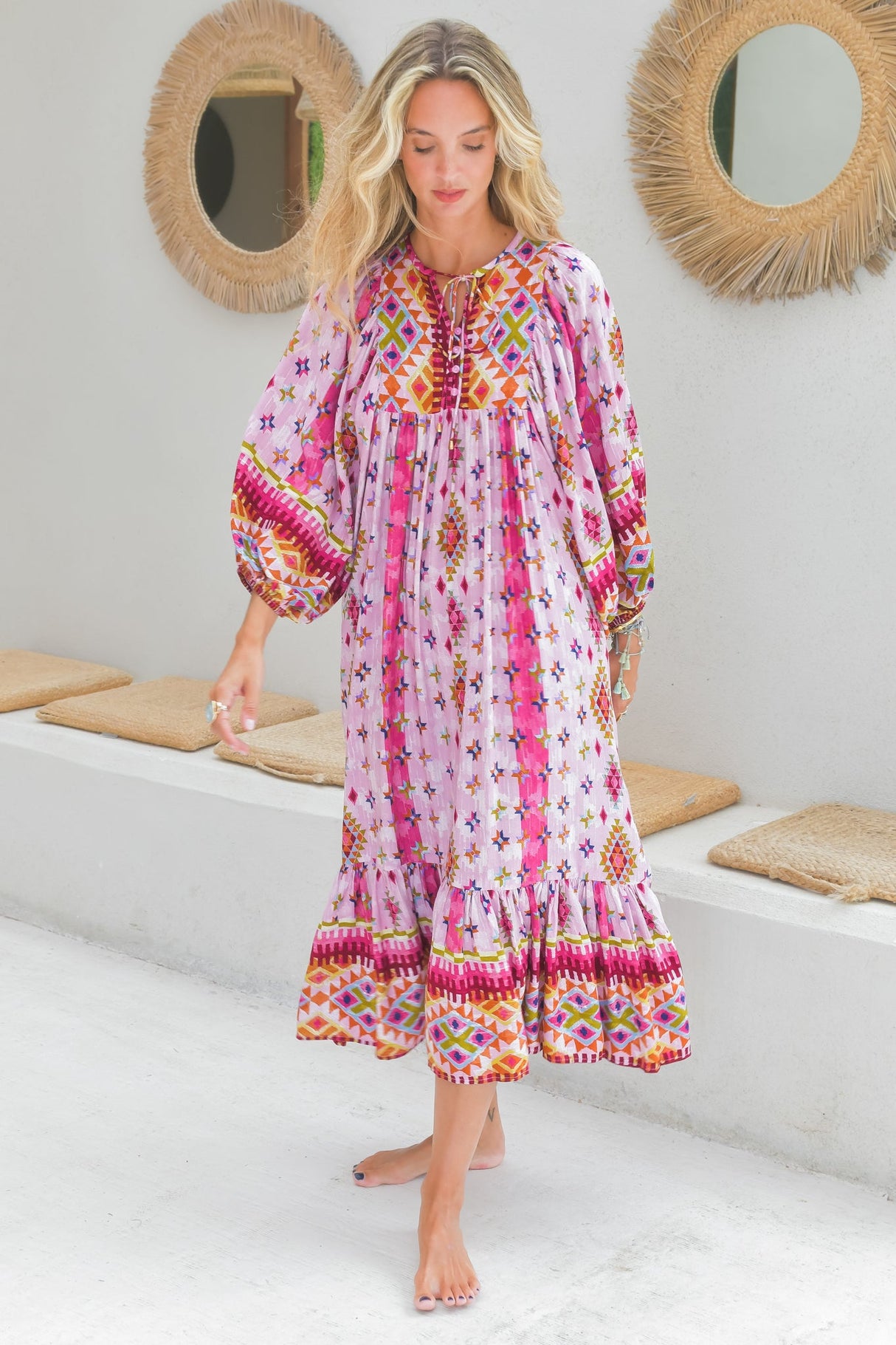 JAASE - Haper Midi Dress: Smock Dress with Batwing Balloon Sleeves in Lost Tribe Print