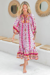 JAASE - Haper Midi Dress: Smock Dress with Batwing Balloon Sleeves in Lost Tribe Print