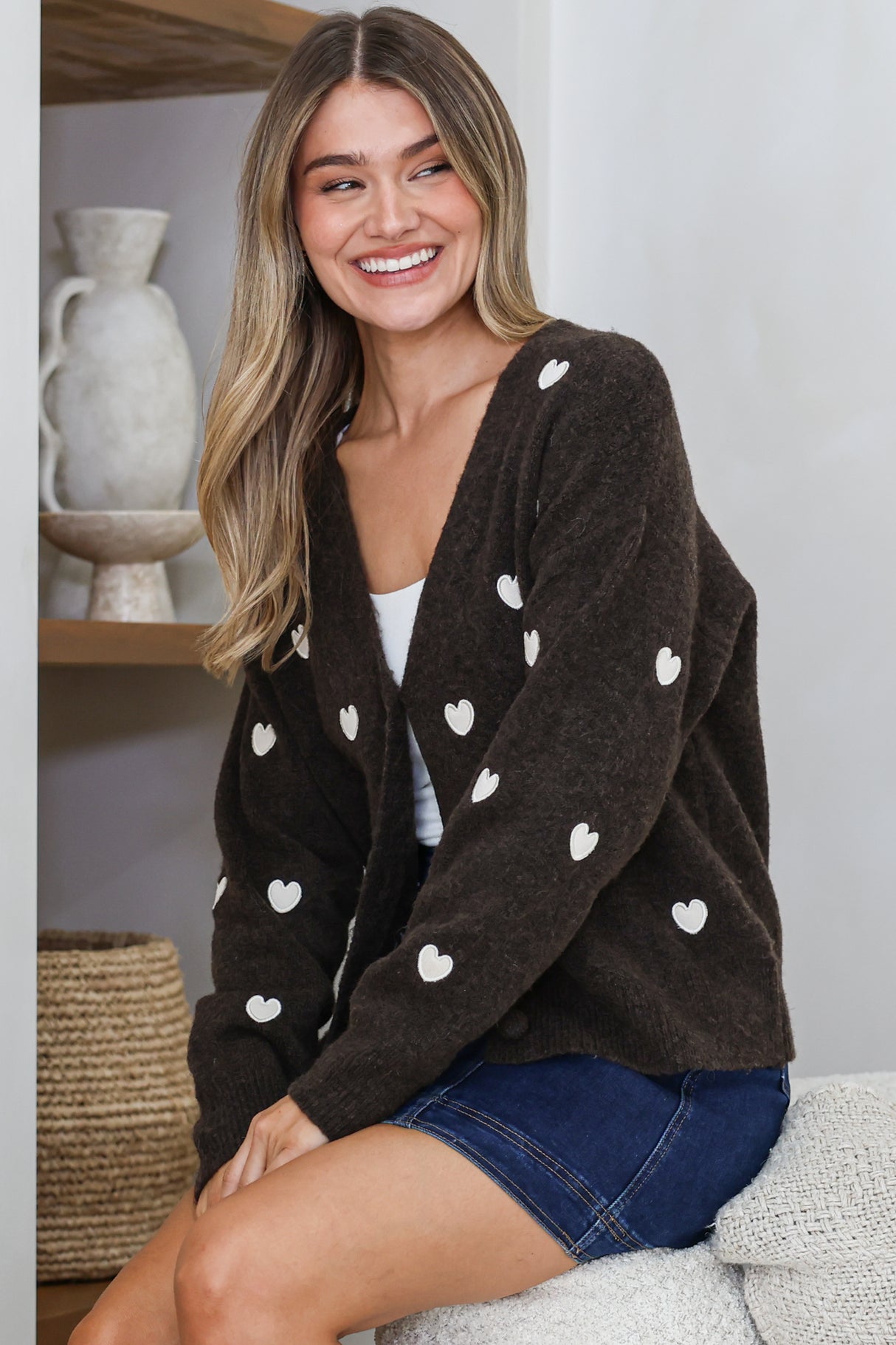 Hartley Cardigan - V Neck Button Front Heart Embroidered Knit with Matching Fabric Buttons in Coffee