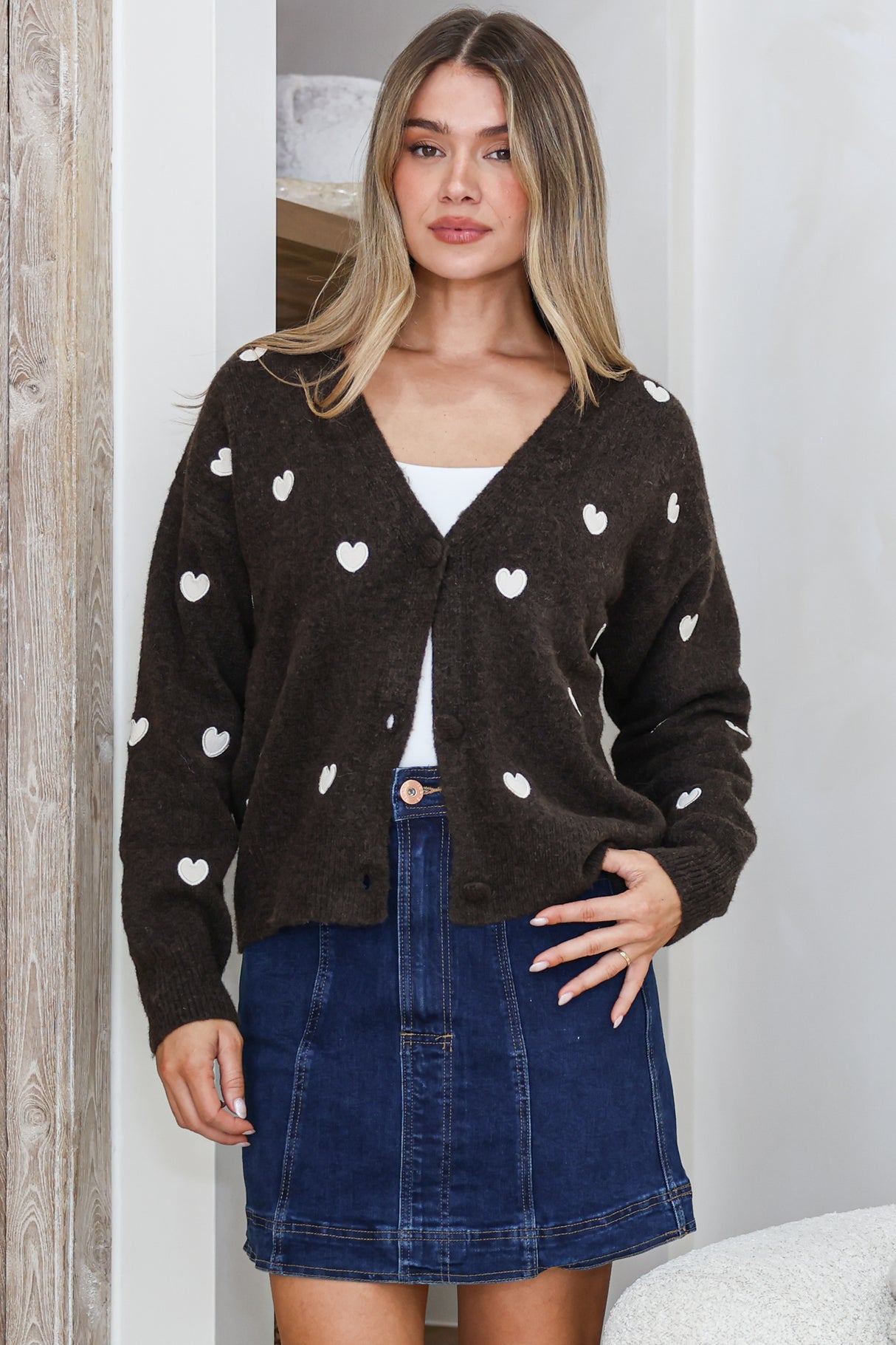 Model wearing Hartley Cardigan in Coffee from Salty Crush