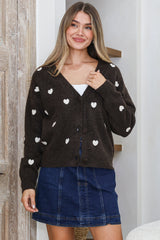Hartley Cardigan - V Neck Button Front Heart Embroidered Knit with Matching Fabric Buttons in Coffee