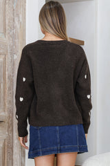 Hartley Cardigan - V Neck Button Front Heart Embroidered Knit with Matching Fabric Buttons in Coffee