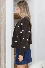 Hartley Cardigan - V Neck Button Front Heart Embroidered Knit with Matching Fabric Buttons in Coffee