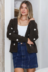 Hartley Cardigan - V Neck Button Front Heart Embroidered Knit with Matching Fabric Buttons in Coffee
