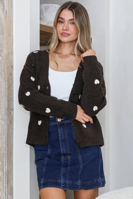 Hartley Cardigan - V Neck Button Front Heart Embroidered Knit with Matching Fabric Buttons in Coffee