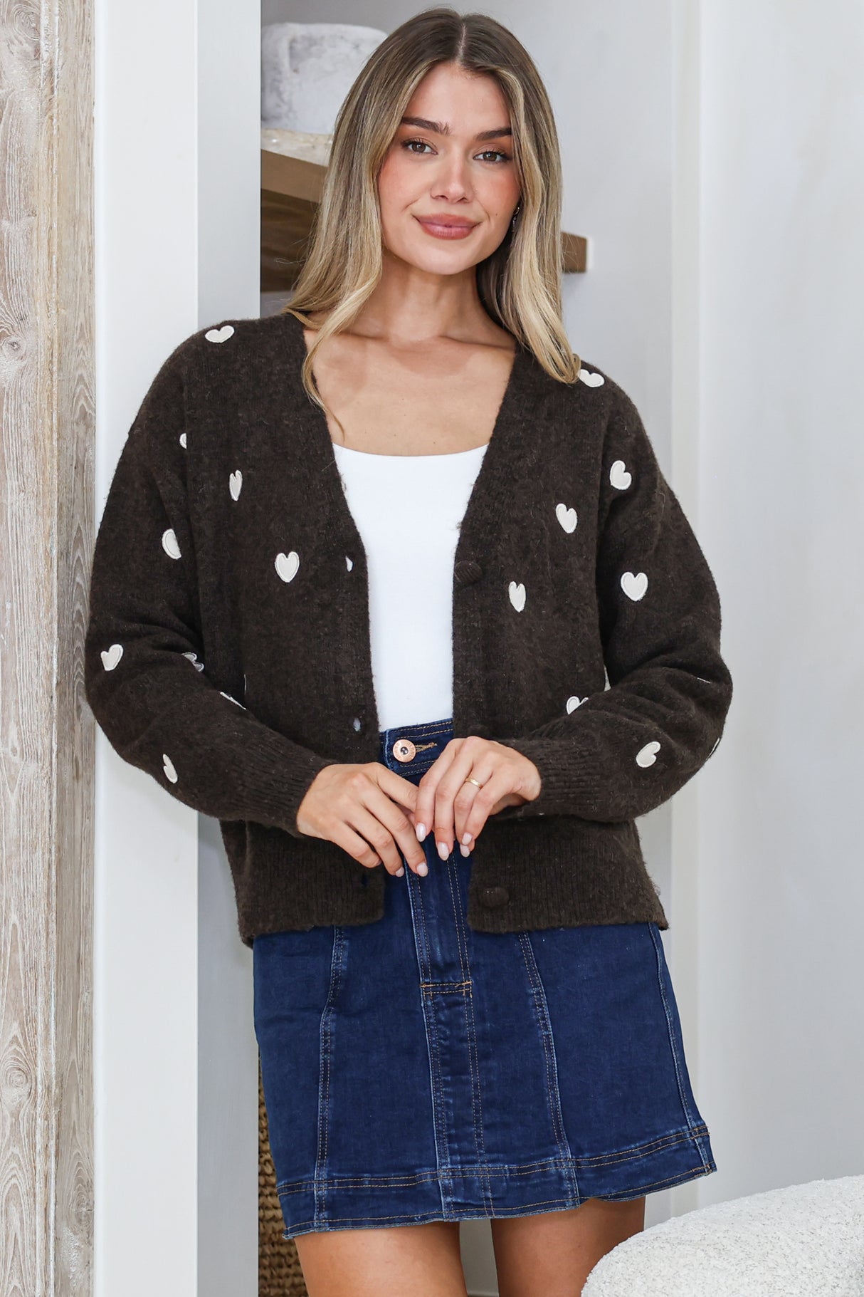 Hartley Cardigan - V Neck Button Front Heart Embroidered Knit with Matching Fabric Buttons in Coffee