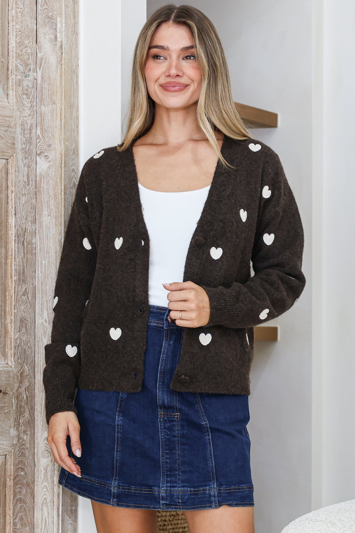 Hartley Cardigan - V Neck Button Front Heart Embroidered Knit with Matching Fabric Buttons in Coffee