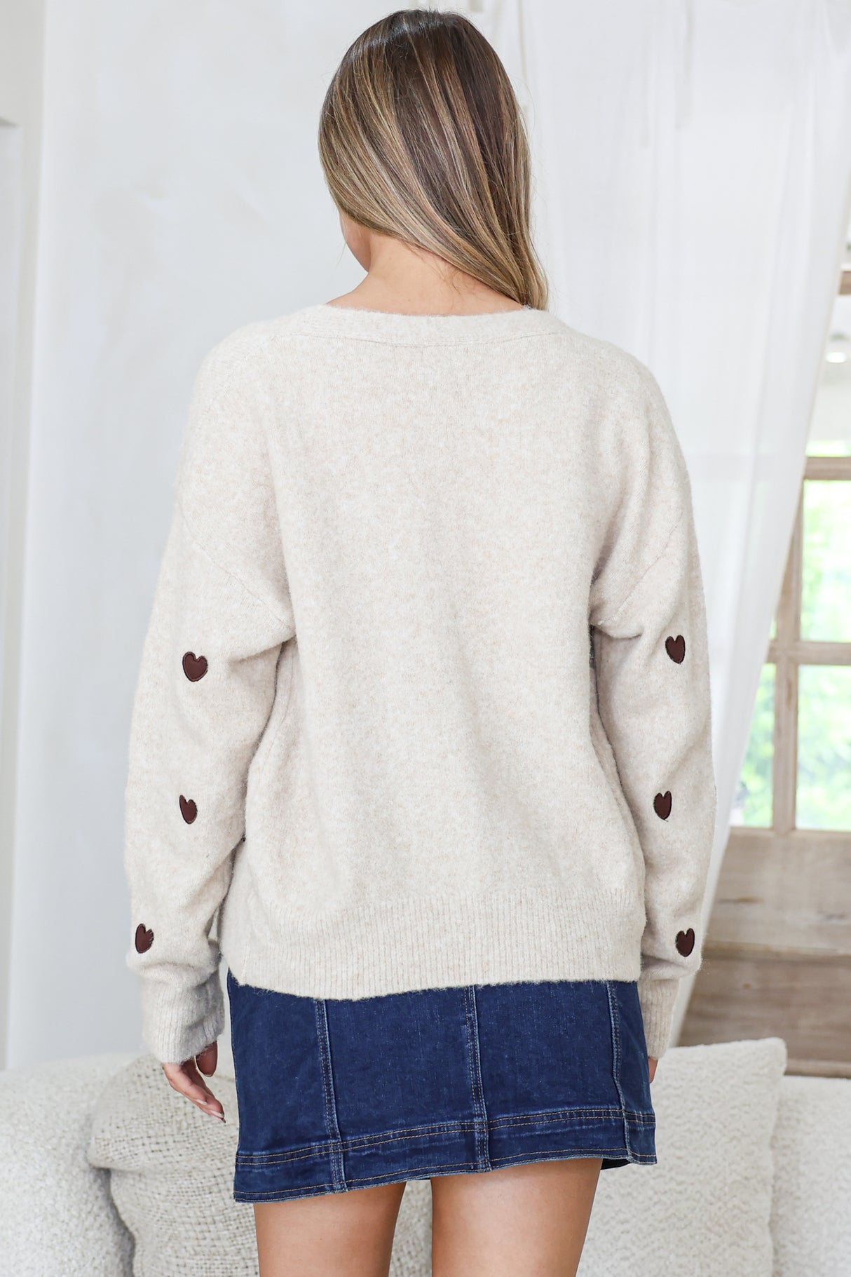 Hartley Cardigan - V Neck Button Front Heart Embroidered Knit with Matching Fabric Buttons in Cream