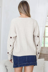 Hartley Cardigan - V Neck Button Front Heart Embroidered Knit with Matching Fabric Buttons in Cream