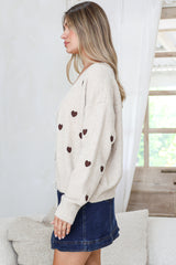 Hartley Cardigan - V Neck Button Front Heart Embroidered Knit with Matching Fabric Buttons in Cream