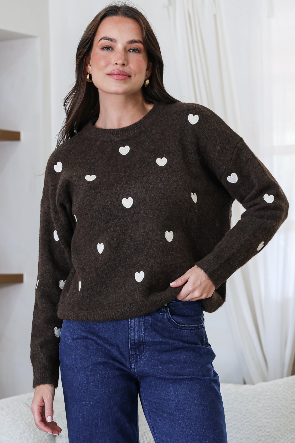 Hartley Jumper - Crew Neck Embroidered Heart Motif Knit in Coffee