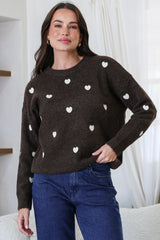 Hartley Jumper - Crew Neck Embroidered Heart Motif Knit in Coffee