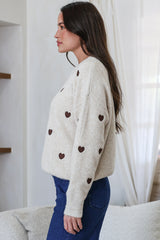 Hartley Jumper - Crew Neck Embroidered Heart Motif Knit in Cream
