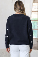 Hartley Jumper - Crew Neck Embroidered Heart Motif Knit in Navy