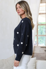 Hartley Jumper - Crew Neck Embroidered Heart Motif Knit in Navy