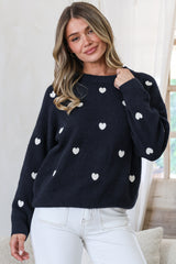 Hartley Jumper - Crew Neck Embroidered Heart Motif Knit in Navy