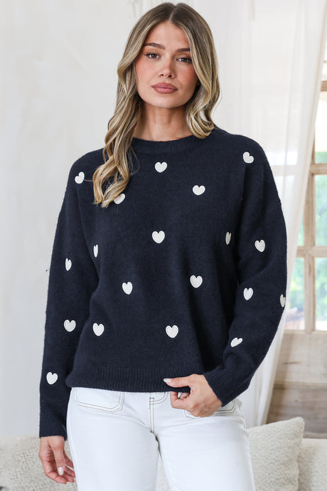 Model wearing Hartley Jumper in Navy from Salty Crush