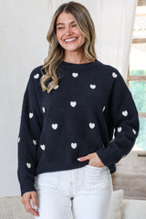 Hartley Jumper - Crew Neck Embroidered Heart Motif Knit in Navy