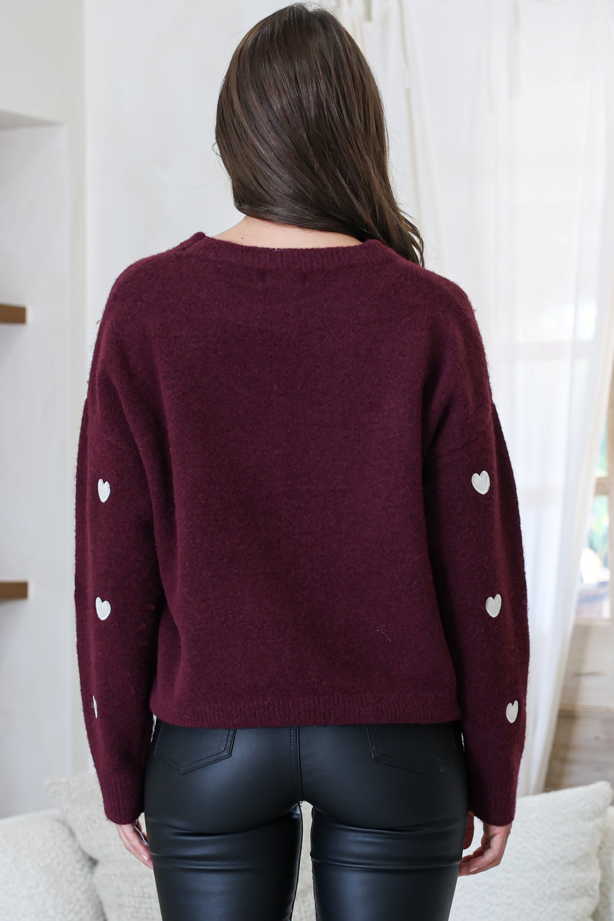 Hartley Jumper - Crew Neck Embroidered Heart Motif Knit in Wine