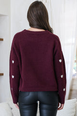Hartley Jumper - Crew Neck Embroidered Heart Motif Knit in Wine