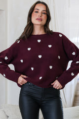 Hartley Jumper - Crew Neck Embroidered Heart Motif Knit in Wine