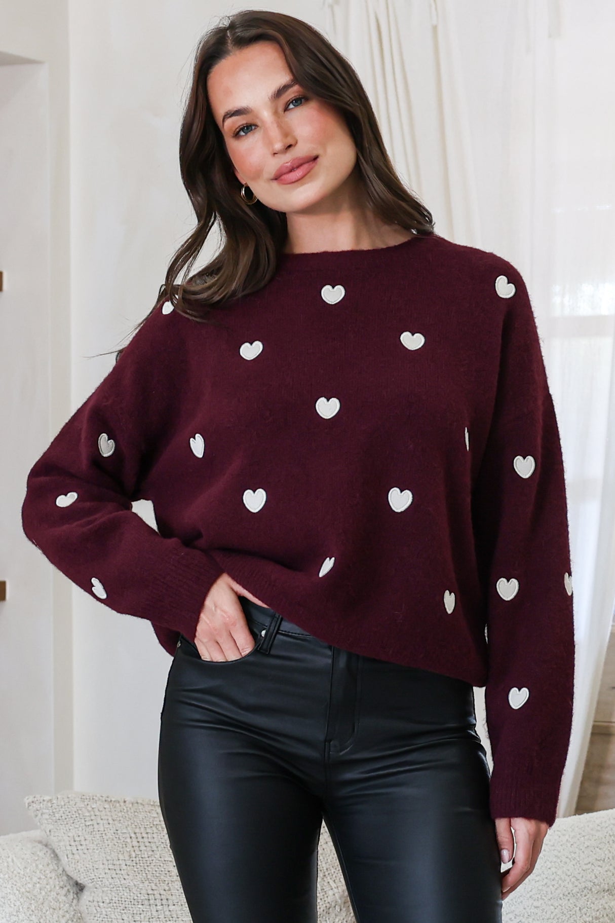 Model wearing Hartley Jumper in Wine from Salty Crush