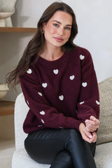 Hartley Jumper - Crew Neck Embroidered Heart Motif Knit in Wine