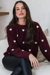 Hartley Jumper - Crew Neck Embroidered Heart Motif Knit in Wine