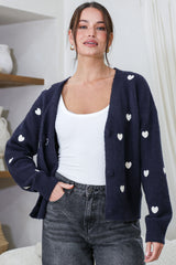 Hartley Cardigan - V Neck Button Front Heart Embroidered Knit with Matching Fabric Buttons in Navy