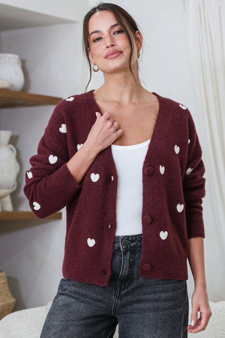 Hartley Cardigan - V Neck Button Front Heart Embroidered Knit with Matching Fabric Buttons in Wine