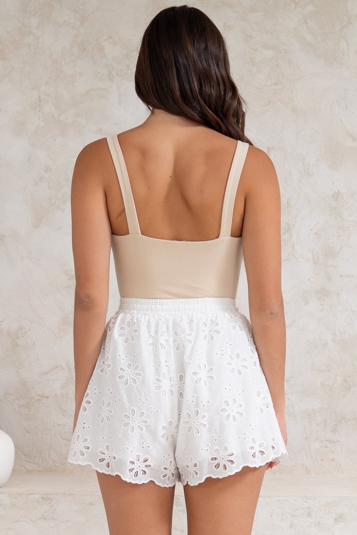 Haruki Shorts - High Waisted Embroidered Shorts with Scallop Hemline in White