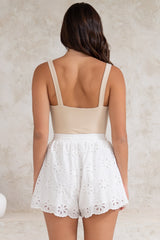 Haruki Shorts - High Waisted Embroidered Shorts with Scallop Hemline in White