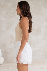 Haruki Shorts - High Waisted Embroidered Shorts with Scallop Hemline in White