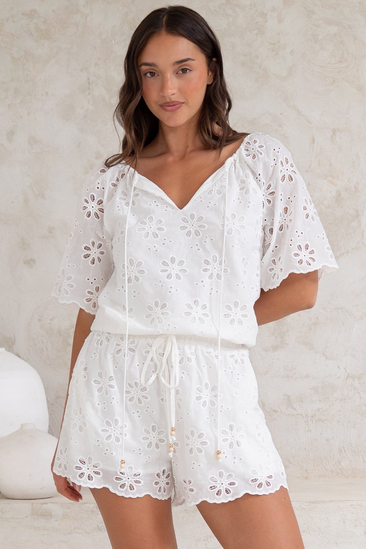 Haruki Top - Embroidered Short Sleeve Top with Scallop Hemlines in White