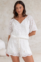 Haruki Top - Embroidered Short Sleeve Top with Scallop Hemlines in White