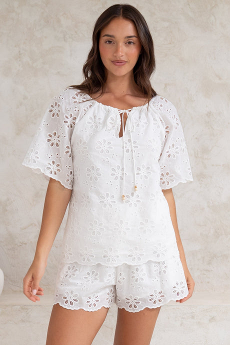 Haruki Top - Embroidered Short Sleeve Top with Scallop Hemlines in White